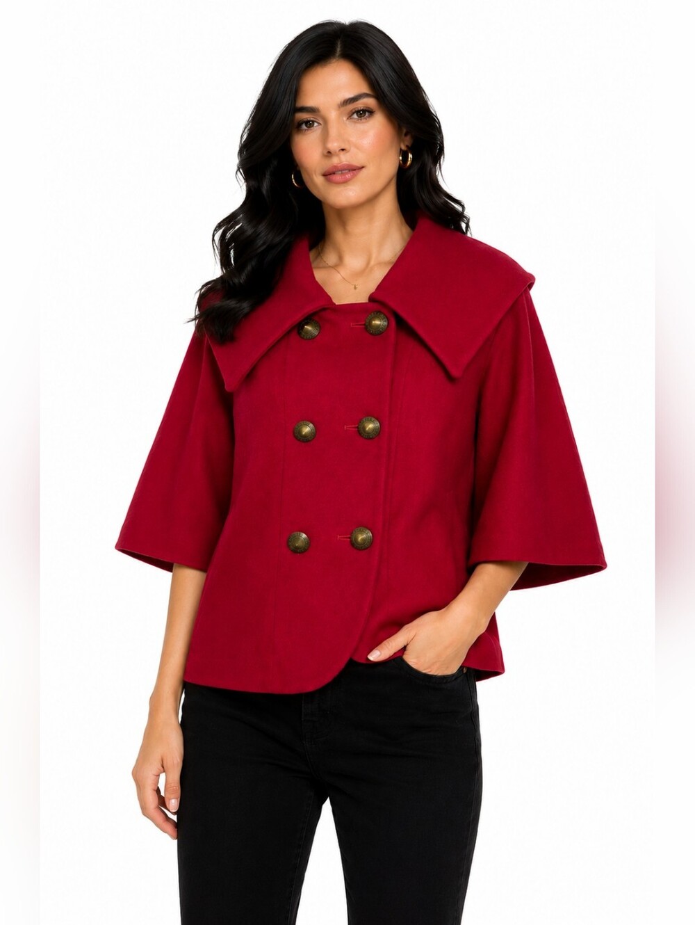 LUXE by Irina Red Cape Sleeve Double Breasted Jacket Oversized Collar M